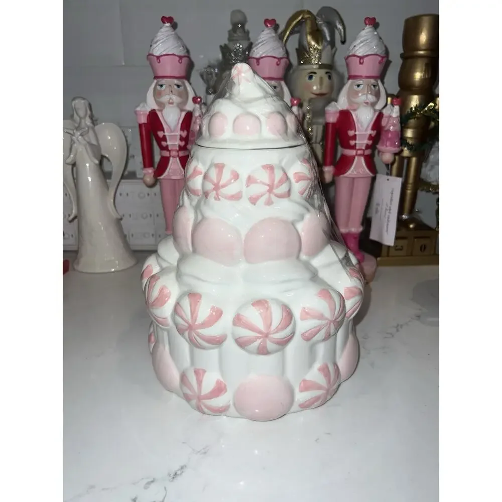 PEPPERMINT & PINE Meringue Frosting Canister Cookie Jar Pink Sugar Christmas